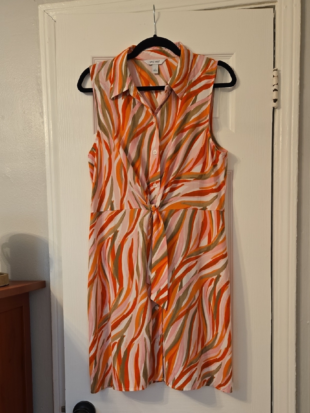 Nine West Sleeveless Tie-Front Printed Dress in Pink and Orange